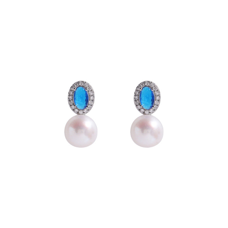 2025 New Simple Fashion Commuting Blue Zircon Pearl Earrings For Women