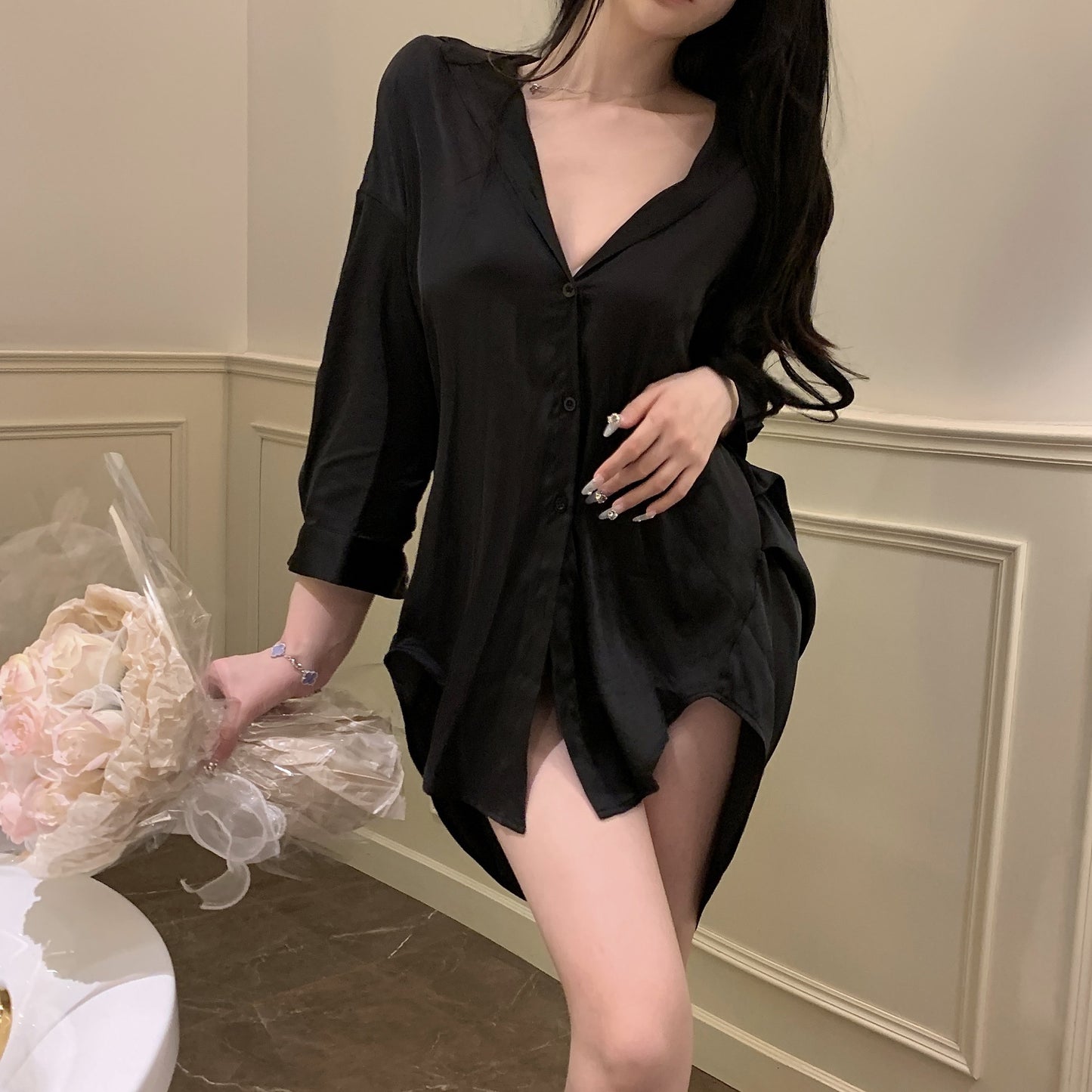 Black Plus Size Boyfriend Style Shirt Sexy Pajamas Women‘s V-neck Ice Silk Pure Style Nightdress Suit