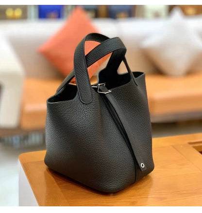 2025 Handmade Waxed Line Basket Leather Handbag Women's Golden Brown Togo Cowhide Lychee Pattern Large Capacity Bucket Bag