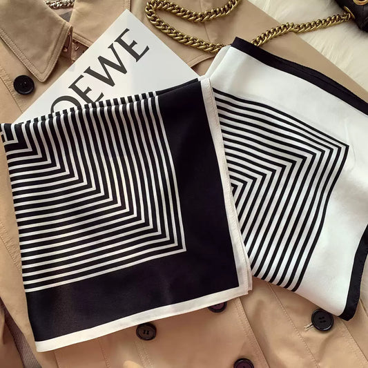 2025 Classic Black White Mulberry Silk Scarf Korean Versatile Striped Thin Decorative Small Square Scarf