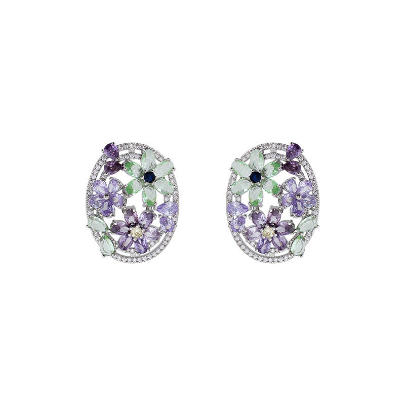 French Orchid Oval Hollow Zircon Earrings Women‘s High-end Niche Design Light Luxury Earrings