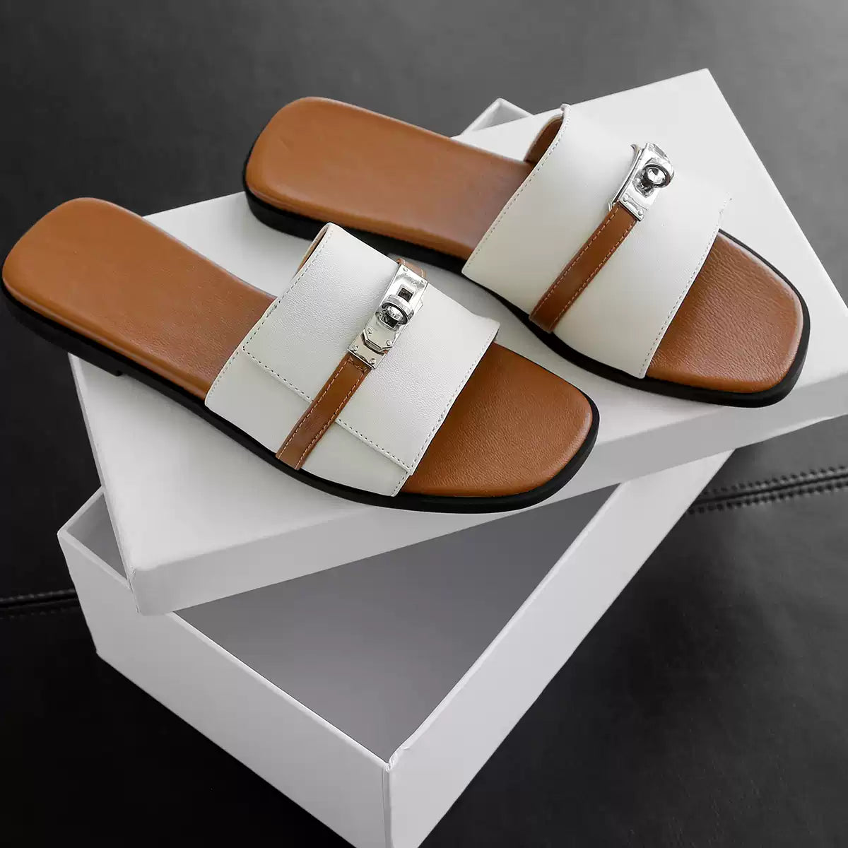 White Summer Square-toe Flat Leather Sandals Slipper Shoes with a Buckle Strap for Women