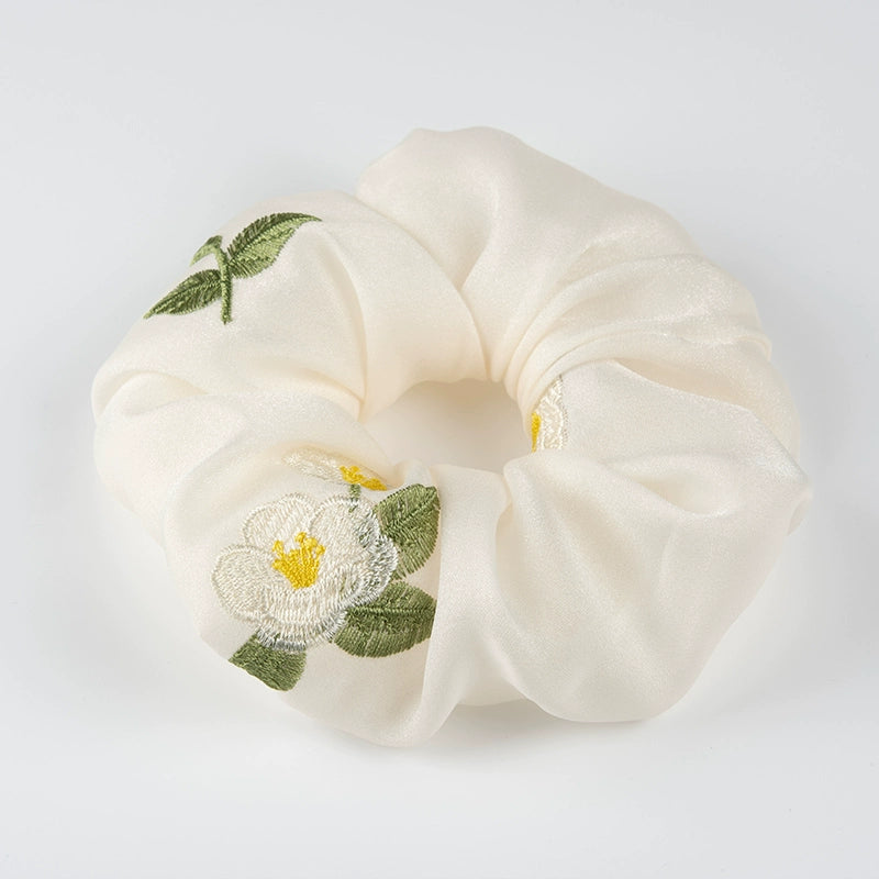 White Camellia Embroidered Hair Tie with Gentle Sweet Niche Original Design Style