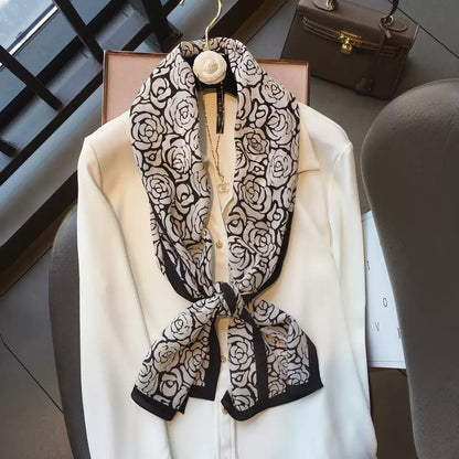 2025 New black and White Mulberry Silk Scarf Women's French Rose Pattern Double Crepe Silk Long Ribbon Scarf