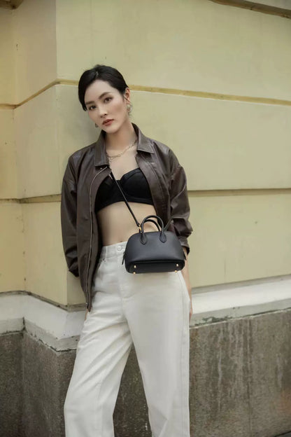 2025 Simple New Khaki Mini Goatskin Shell Handbag Women's Leather Bowling Single Shoulder Small Square Bag