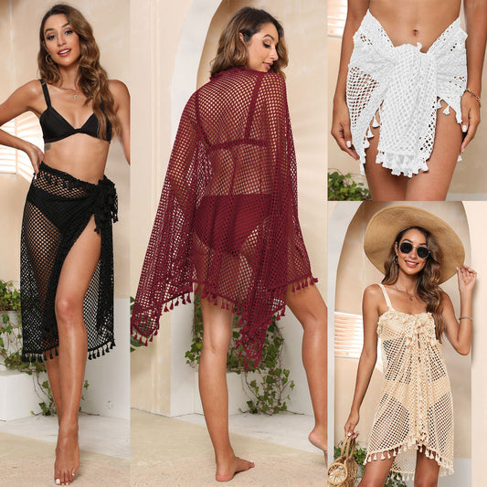 White Seaside Vacation Beach Swimwear Shawl Women's Splicing Tassel Sexy Perspective Grid Irregular One-piece Beach Bikini Skirt