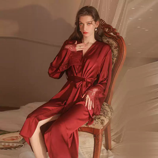 Maroon Ice Silk Sweet Sexy Pajamas Women's Long-sleeved Thin Red Long Bathrobe Sleepwear