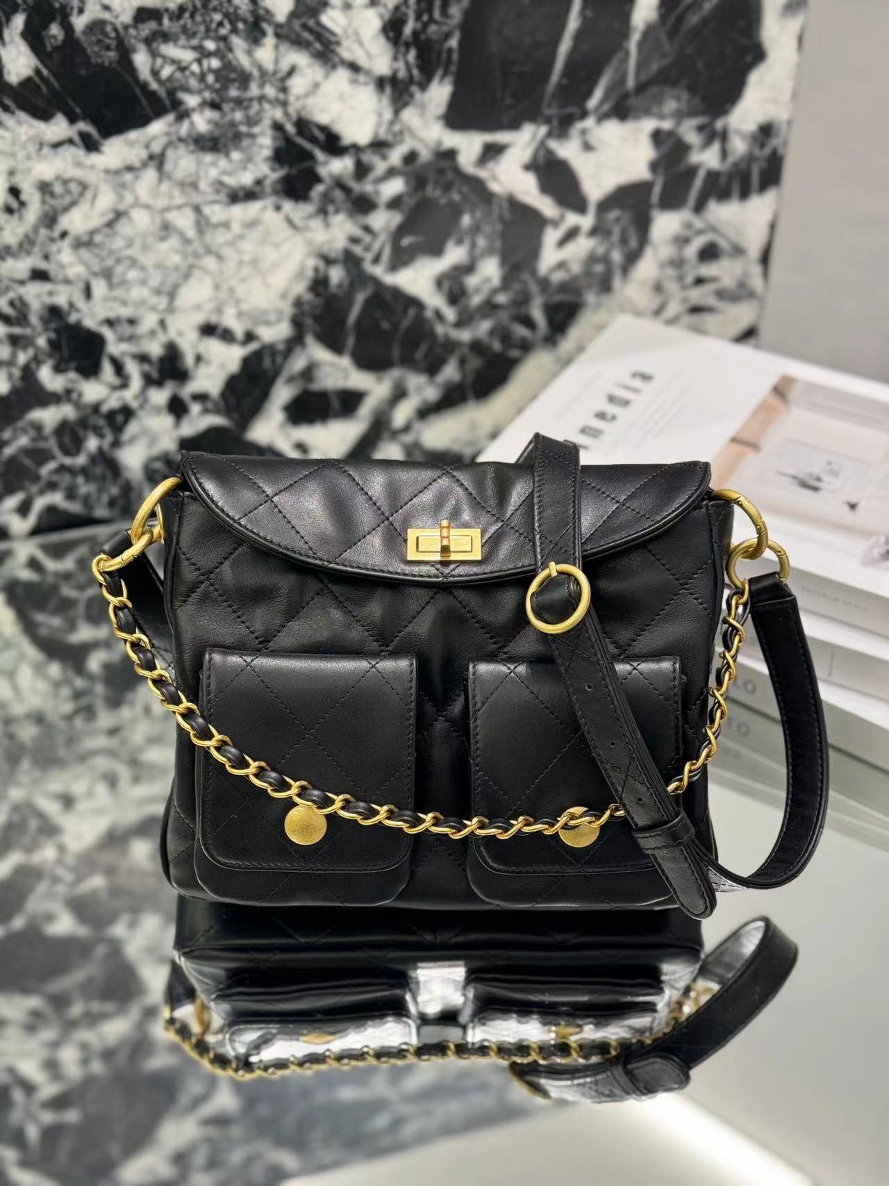 2025 Spring Summer New Black Casual All-match Hippie Hobo Messenger Bag Women's Diamond Chain One-shoulder Crossbody Large Capacity Bag