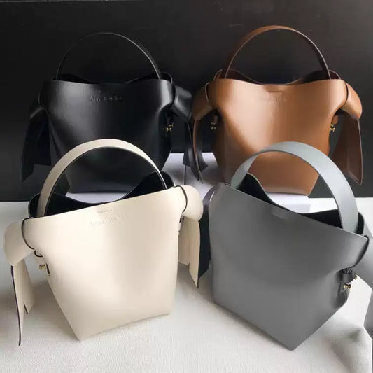 Niche Gray Musubi Bow Mimi Cowhide Bucket Bag Women‘s Minimalist Style Hand-held Commuter Bag