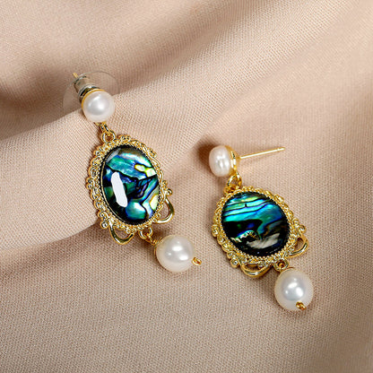 2025 New Retro 925 Silver Personality Colorful Shell Freshwater Pearl Earrings Women's Trendy Geometric Eardrop