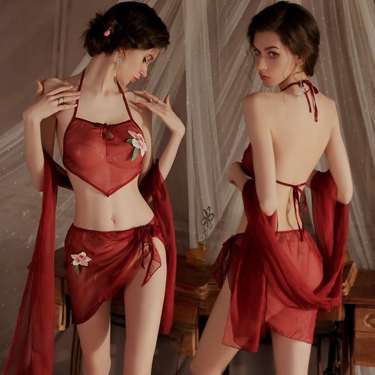 Chinoiserie Red Soft Gauze See-through Halter Neck Sexy Lingerie Women‘s Peach Blossom Embroidery Ancient Style Bellyband Uniform Set