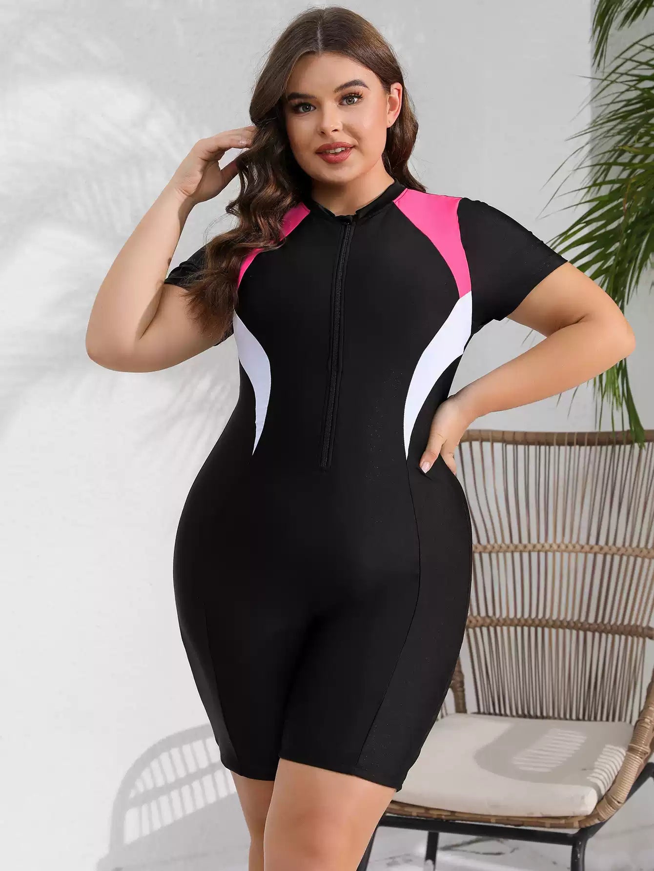 Black Plus Size Boxers One-piece Short-sleeved Sports Casual Swimwear For Women