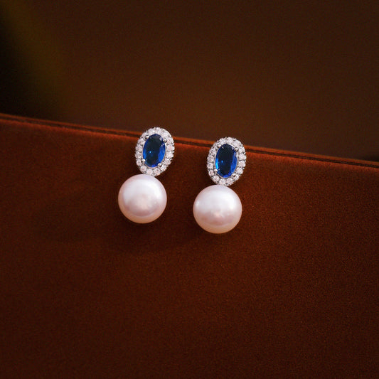 2025 New Simple Fashion Commuting Blue Zircon Pearl Earrings For Women