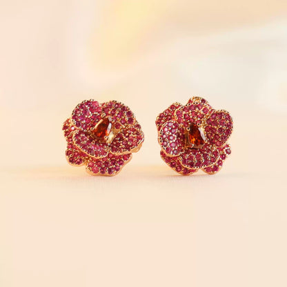 2025 Fashion Light Luxury Sweet Copper-plated Full Diamond Inlaid Super Flash Camellia Red Zircon Earrings Jewelry