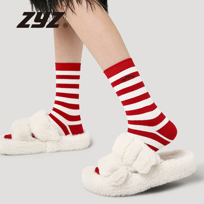 2025 Autumn Winter New Year Dragon Element Trendy Cotton Combed Middle-Tube Red Socks