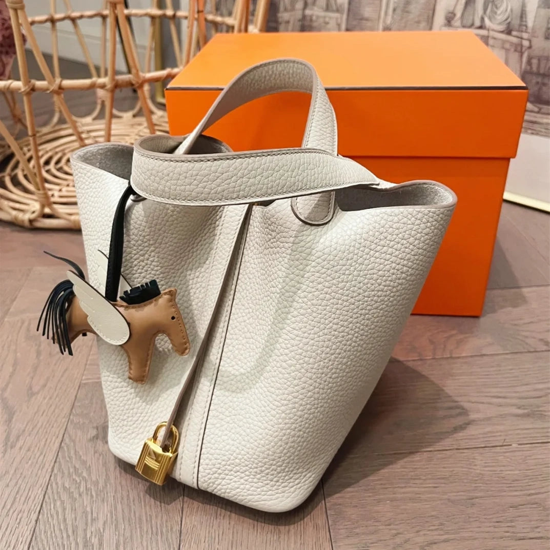 2025 Handmade Waxed Line Basket Leather Handbag Women's Golden Brown Togo Cowhide Lychee Pattern Large Capacity Bucket Bag