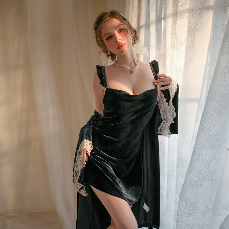 2025 Autumn Winter Pure French Style Sexy Nightdress Women's Rose Gold Color Velvet Sexy Lingerie Suspender Nightdress Two-piece Set