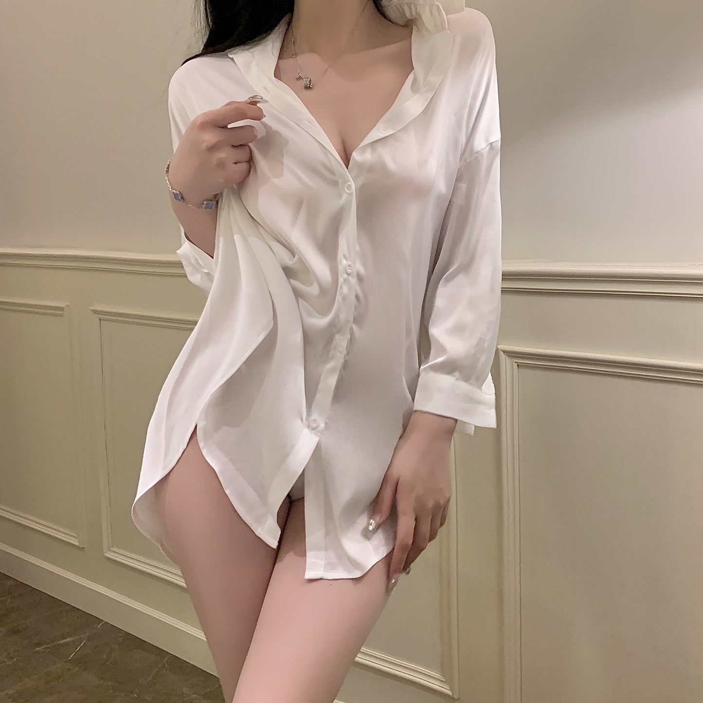 Black Plus Size Boyfriend Style Shirt Sexy Pajamas Women‘s V-neck Ice Silk Pure Style Nightdress Suit