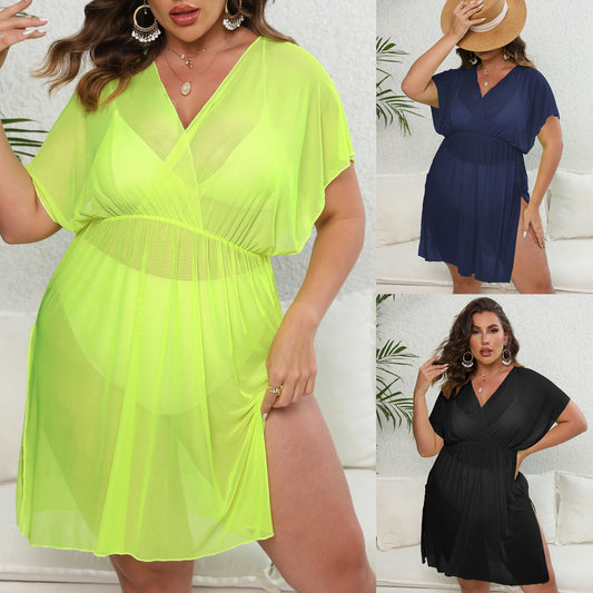 European And American Green Plus Size Swimwear Cover-up Women's Sexy See-through Mesh Skirt Deep V Slit Waist Beach Dress