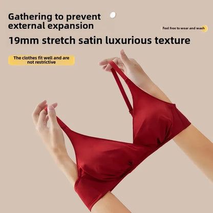 2025 Sexy Benmingnian Silk Red Underwear Set Women's Wire-free Thin Push-up Bra Underpants Two Piece Set