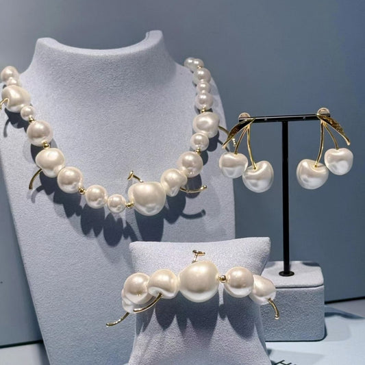 2025 New INS Style Light Luxury Elegant Cream Cherry Fruit Pattern Pearl Necklace Earrings Bracelet Three-piece Set