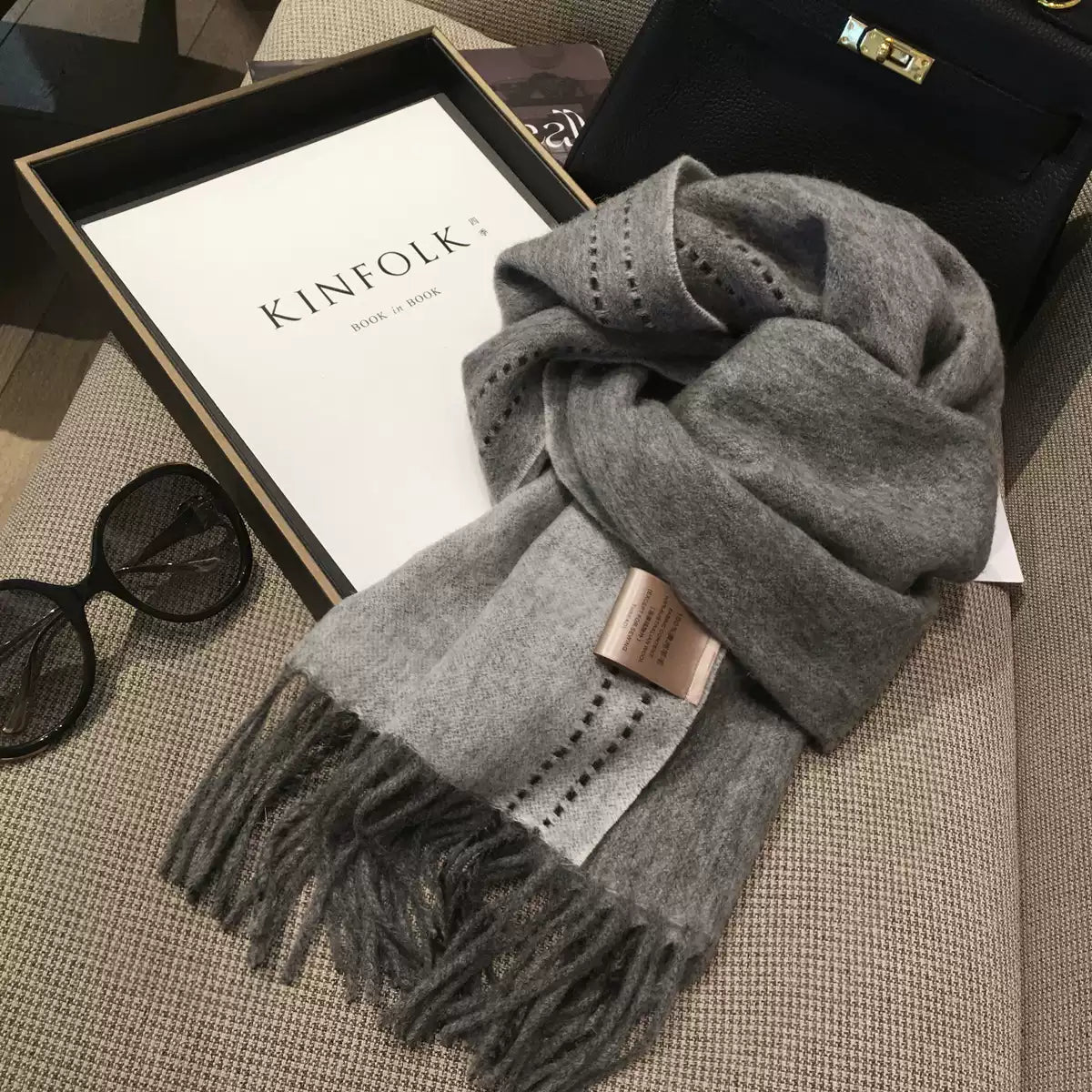 Gray Wool Warm Scarf  Women's Stitching Design Double-sided Long Cashmere Shawl