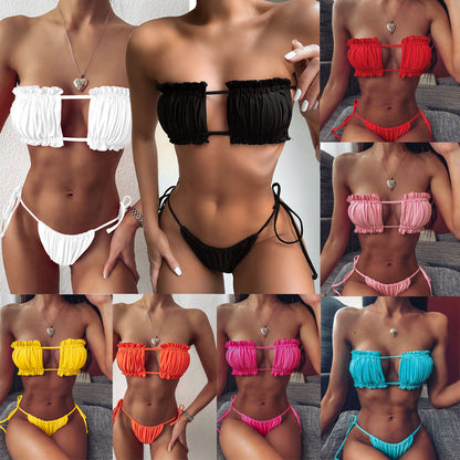 2025 New European And American Sexy Pleated Hollow Strapless Bikini Two-piece Swimwear Suit