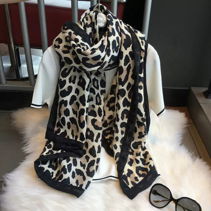 Leopard Cotton And Linen Feel Gauze Scarf Women's Oversized Long Warm Neck Shawl